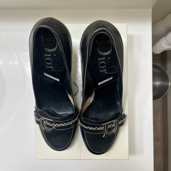 Vintage Dior Black Leather 4" Heels Pumps Silver Toned CD Logo Buckle EU 40 - Picture 1 of 8
